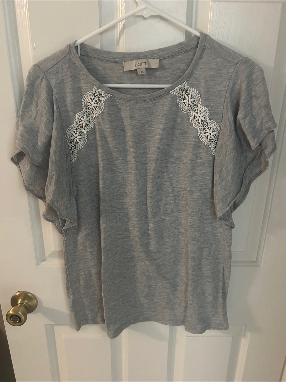 LOFT Gray Short-Sleeve Top with White Crochet Trim